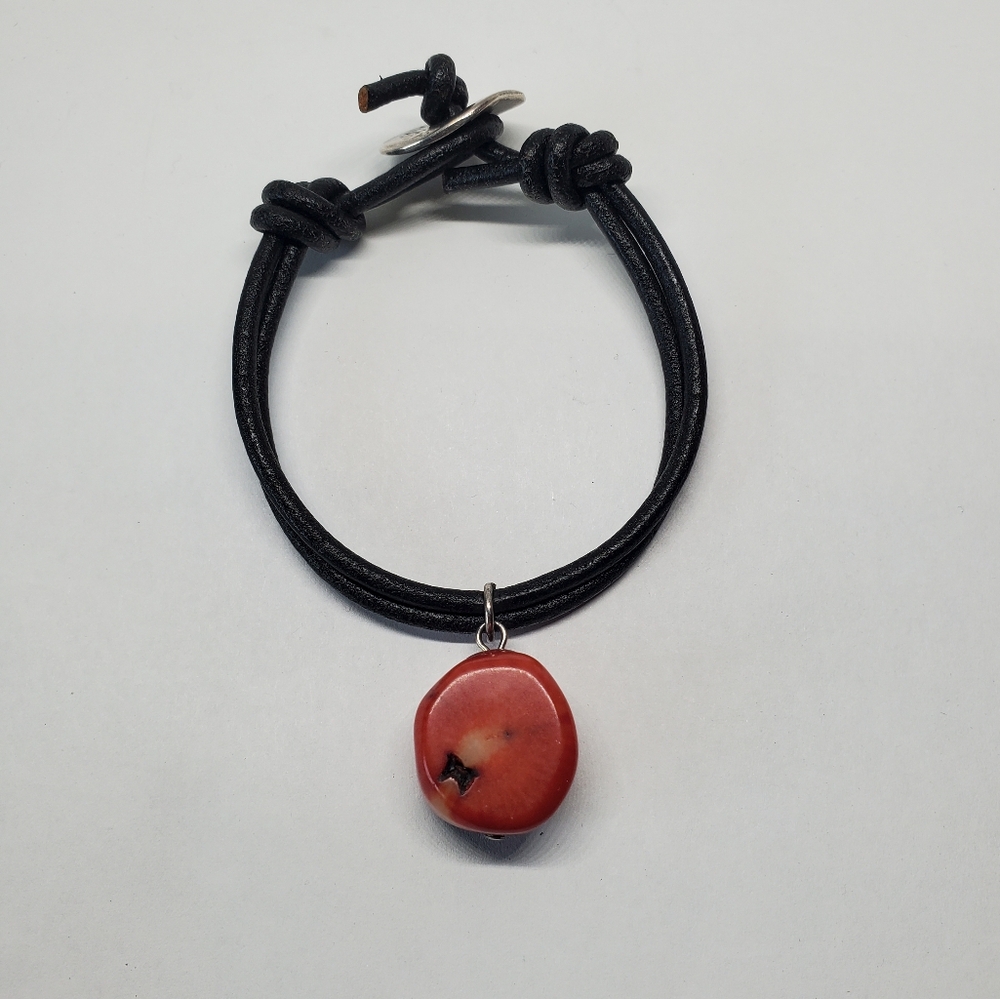 Athens Protasis Black Leather Cord Coral Charm Bracelet